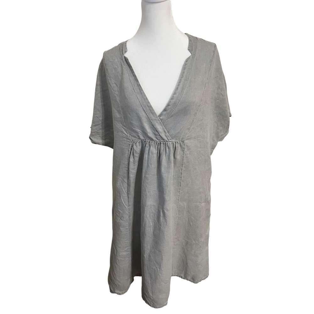 Sundance Grey 100% Linen V-Neck Empire Waist Short Sleeve Dress Large